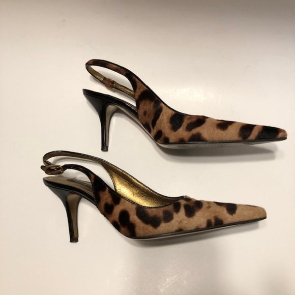 Dolce & Gabbana Sz 38 Vintage Vero Cuoio Leopard Pointed Toe 3” Slingback Pumps - Picture 9 of 16